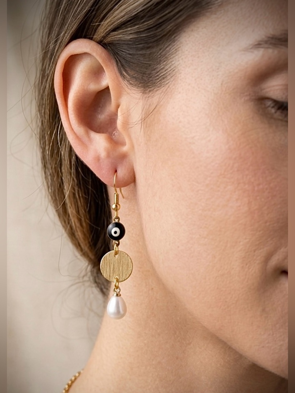 Gold Pearl Drop Earrings with evil eye bead accent